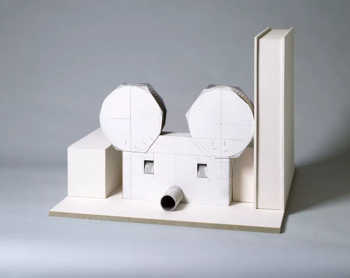 A foamboard model of a mouse-shaped building