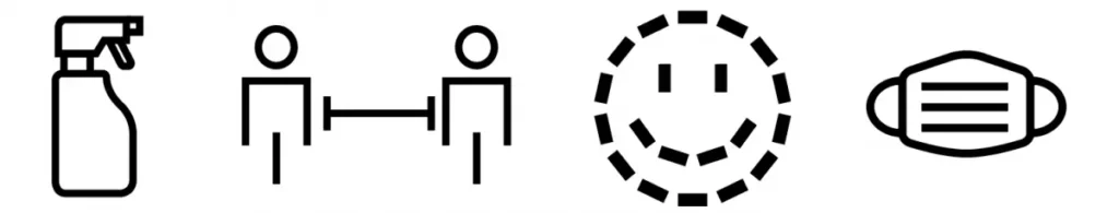 line drawings of, from left to right, a spray bottle, two people with a dimension line between them, a smiley face, and a mask.