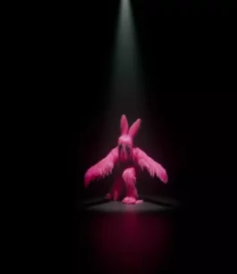 A performer costumed in a pink feathery bunny suit crouches with one leg forward, arms extended