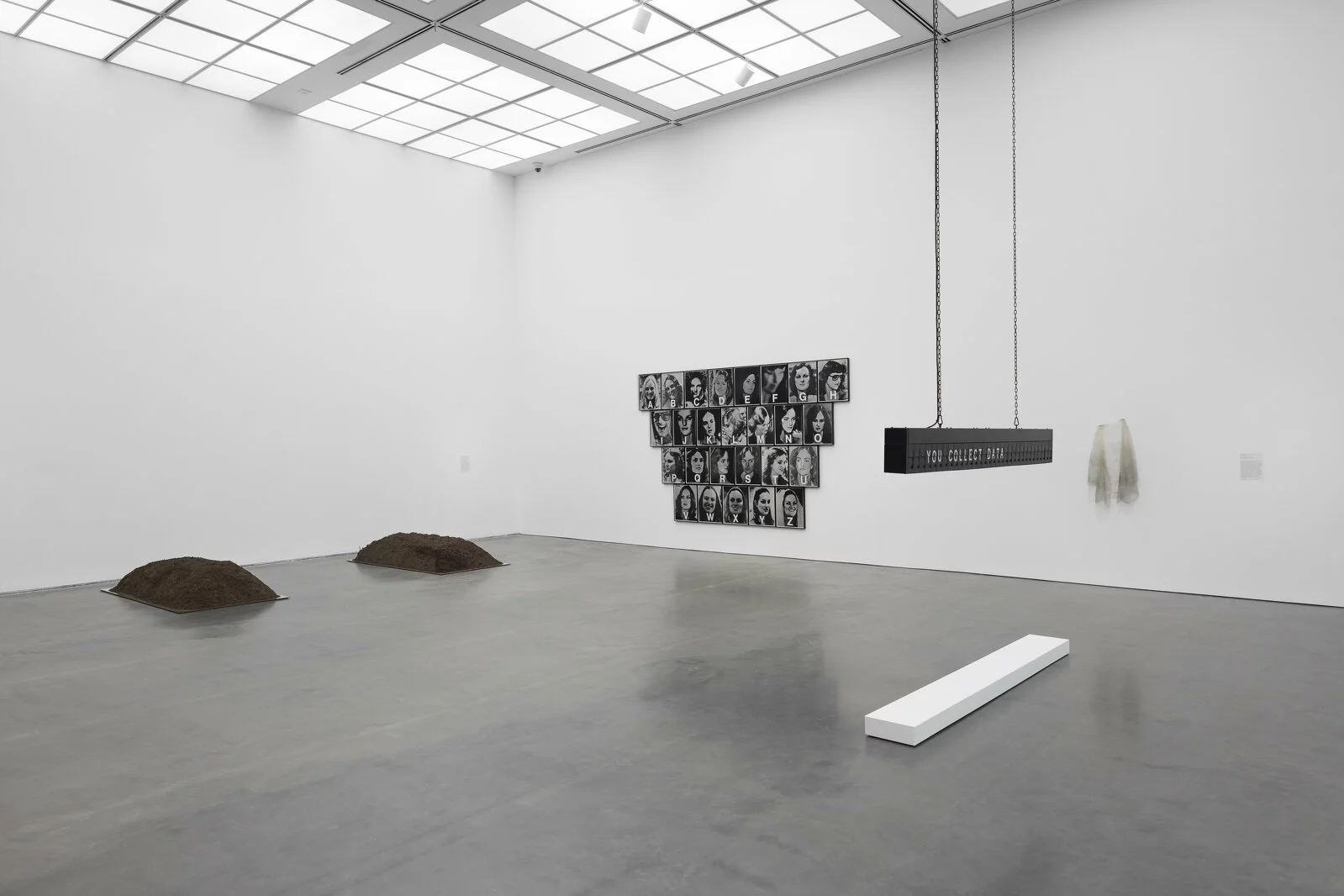 White-walled gallery space with four artworks visible. Two are hung on the wall; two are installations.