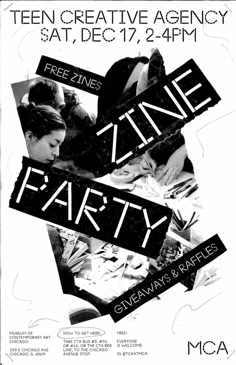 A black-and-white poster styled scrapbook style with angled blocks of white text on a black background over a picture of people looking at a table of zines. The words read Free zines, Zine Party, Giveaways & Raffles.