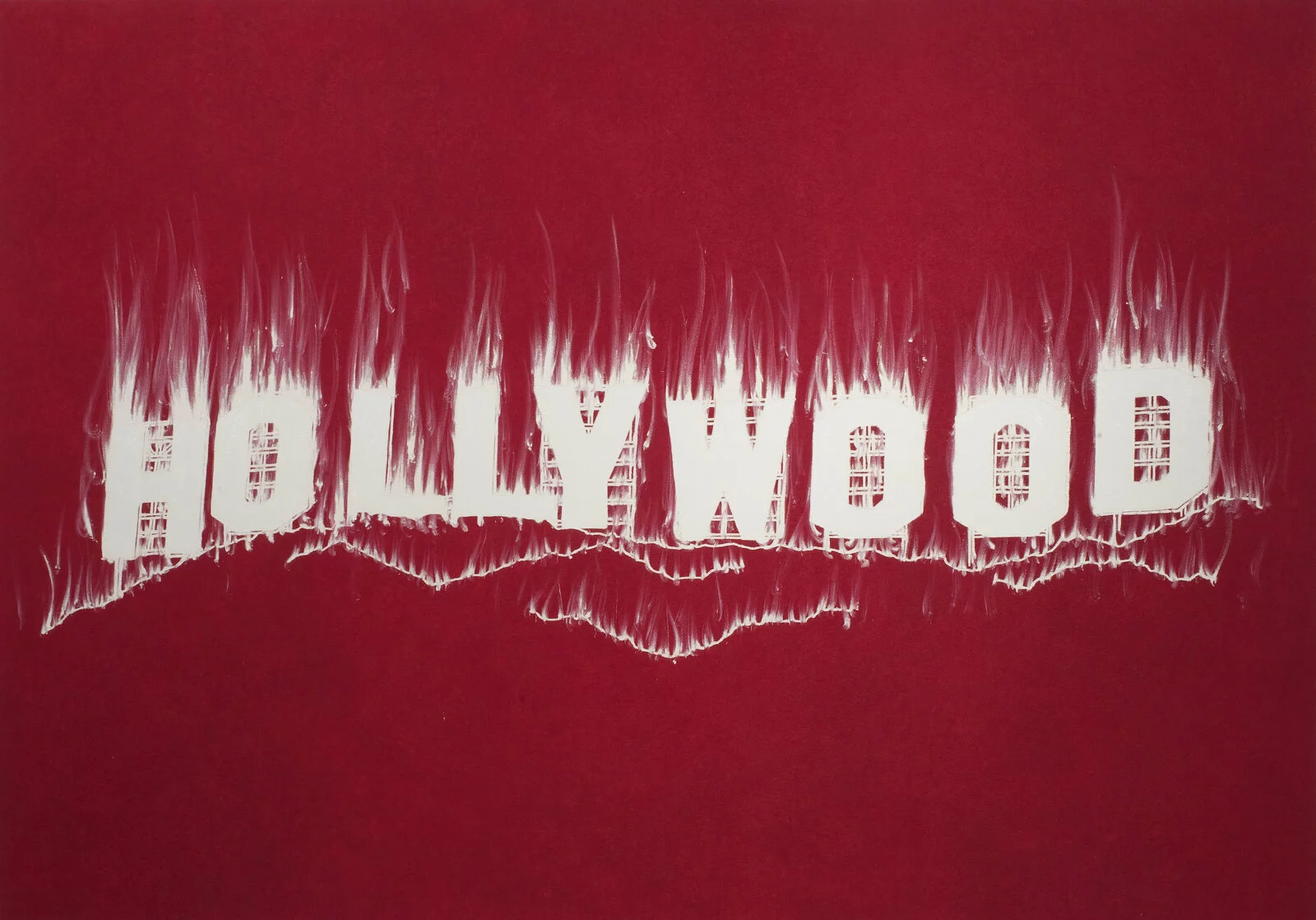 The word HOLLYWOOD is depicted on fire in white atop a line drawing of a hill against a red background.