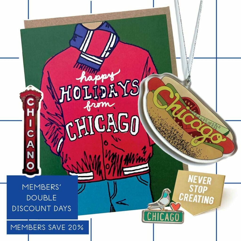 A collage of Chicago-inspired products with a callout box stating Members' Double Discount Days, Members save 20%.