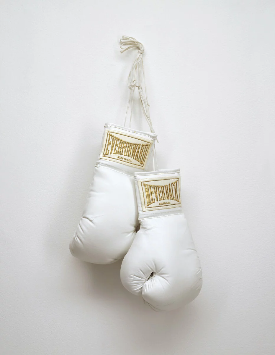 White Everlast boxing gloves hang off a white wall; however, instead of Everlast, their labels read Everforward on one and Neverback on the other.