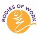 An abstracted figure in motion drawn into an orange circle. The words Bodies of Work are in all caps above the circle in purple sans serif font.