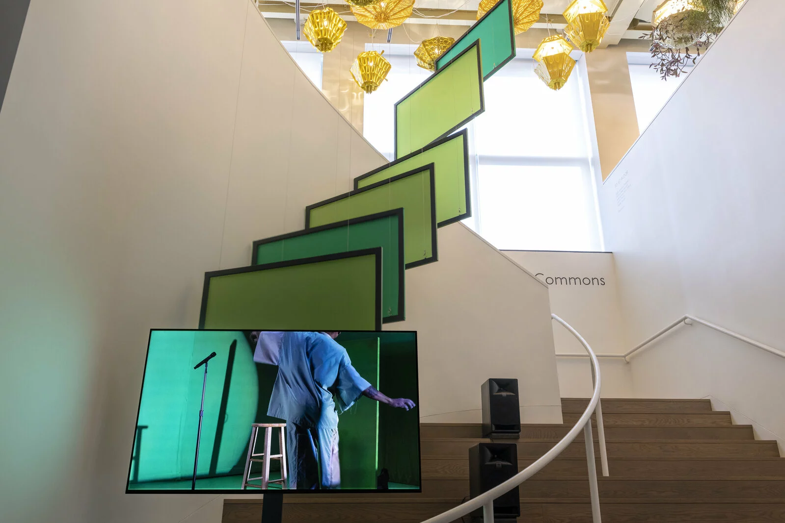 Will Rawls (b. 1978, Boston; lives in Brooklyn and Los Angeles), <em>[siccer]</em>, 2023. Single-channel video, nylon, spandex, wood, speakers; 1 hour, 3 minutes. Installation view, <em>Frictions</em>, MCA Chicago. Photo: Shelby Ragsdale, © MCA Chicago. 2023/02/frictions_willrawls_siccer_49.jpg 