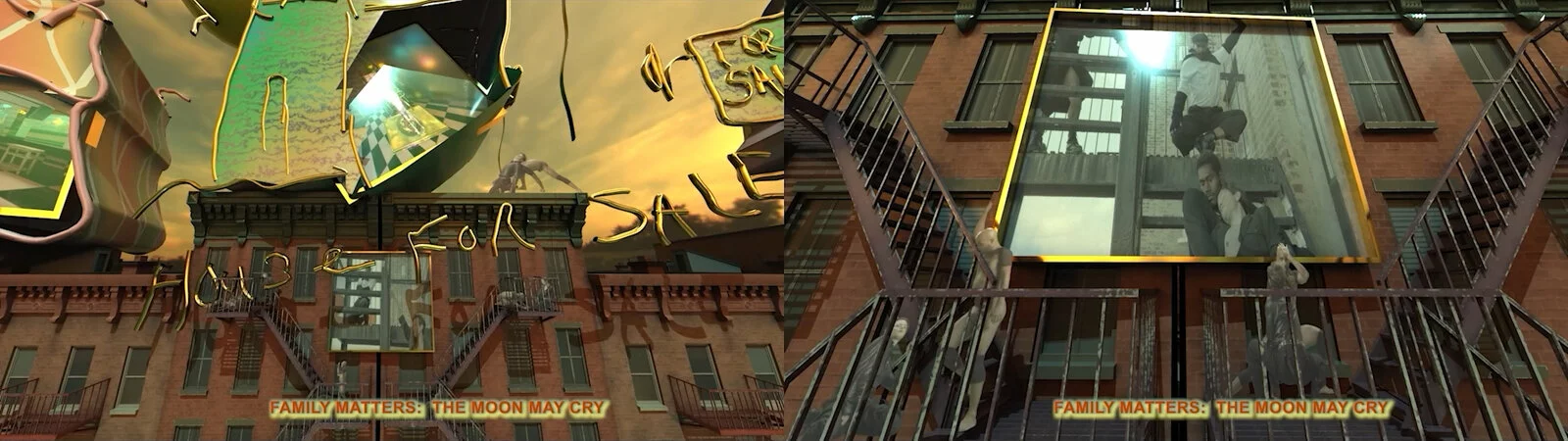 Two still images from color video and 3D animation of a brown building with dark brown stairs.