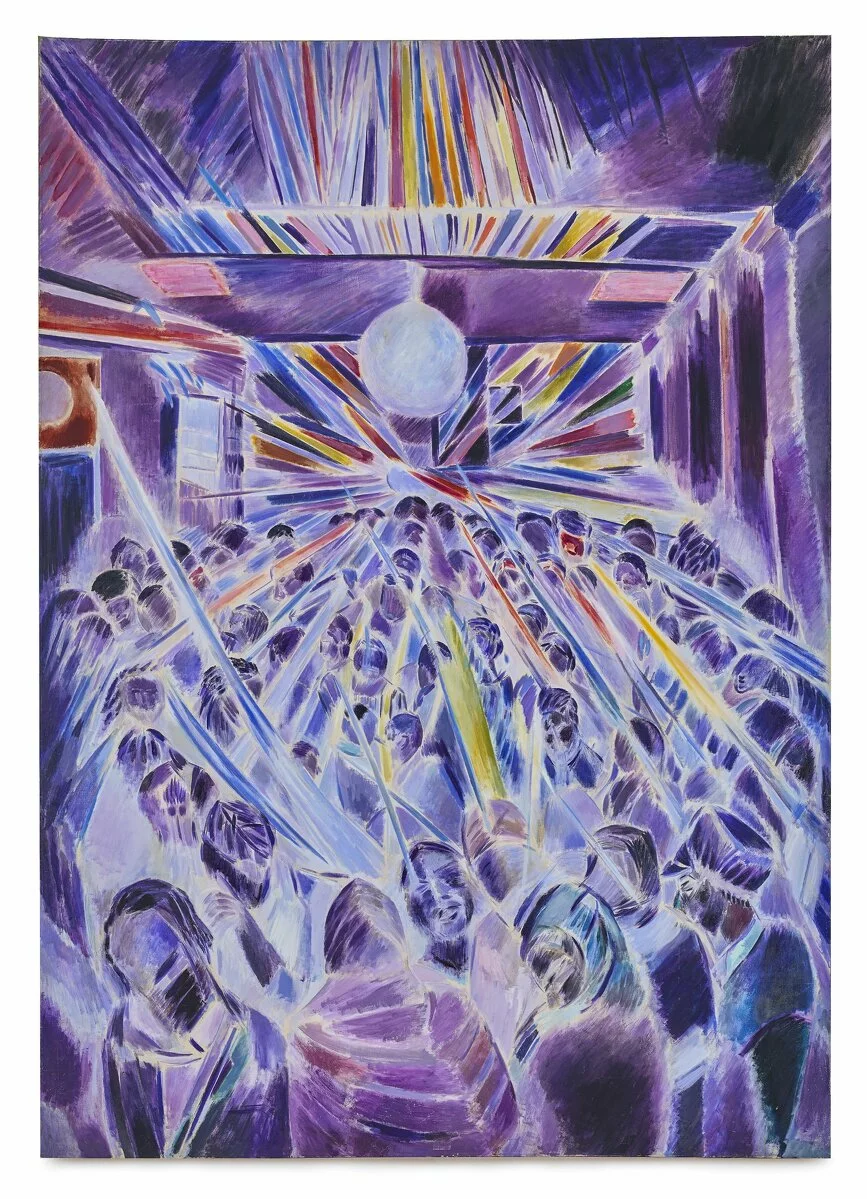 Oil painting depicting a crowd of dancers in a club with a disco ball overhead.
