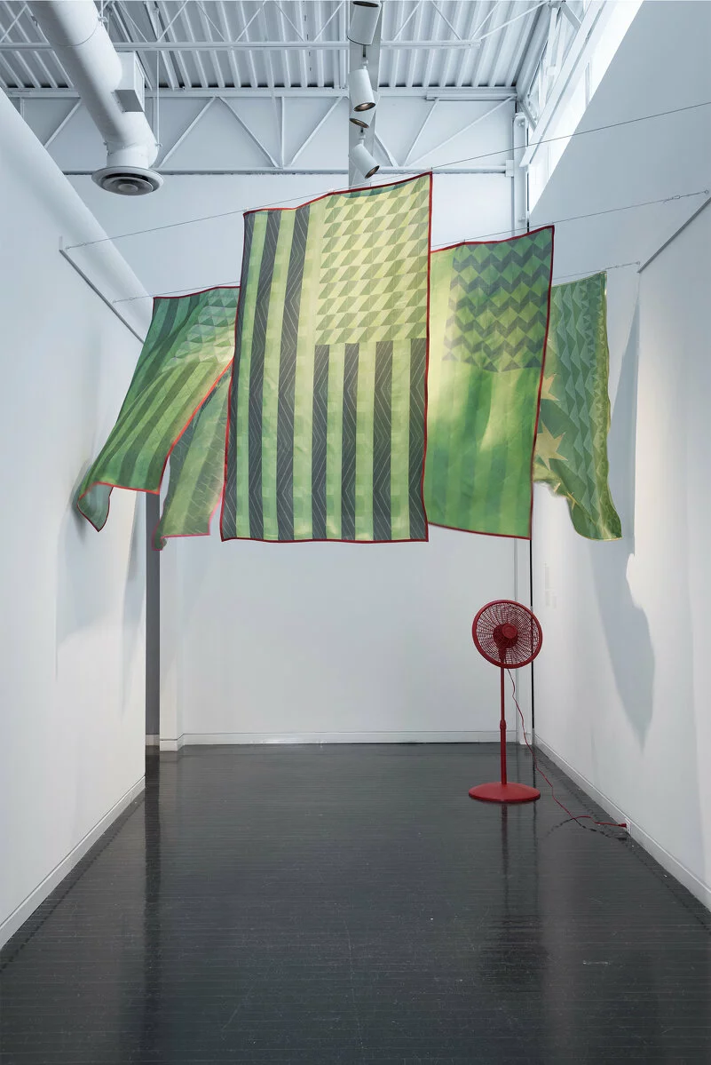 Edra Soto (b. 1971, San Juan, Puerto Rico; lives in Chicago), <em>Tropicalamerican</em>, 2014. Inkjet prints on silk and red thread; five parts, each: 67 x 43 in.; installed dimensions variable. Collection Museum of Contemporary Art Chicago, Gift of Warren A. James in memory of Dr. Magdalena Bernat and Warren Alger James, 2021.10. Installation view, <em>Elmhurst Art Museum Biennial: Chicago Statements</em>, Elmhurst Art Museum, Dec 11, 2015–Feb 20, 2016. Photo: James Prinz Photography. 2023/05/Tropicalamerican-photo-credit-James-Prinz.jpg 