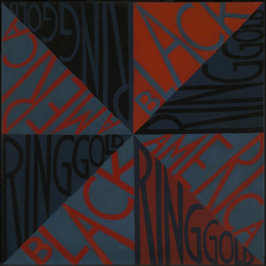 A square made up of right-angled triangles of alternating colors of black, red, and blue. Inside the triangles are hand-painted words that repeat: Black, America, Ringgold.