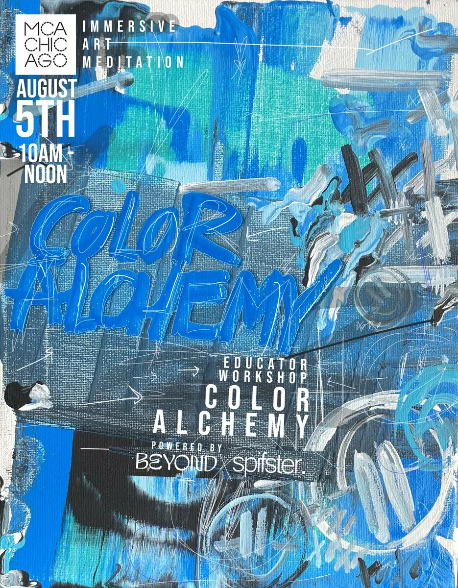 Event poster where shades of blue paint provide a background for information on the day and times for the Color Alchemy event.