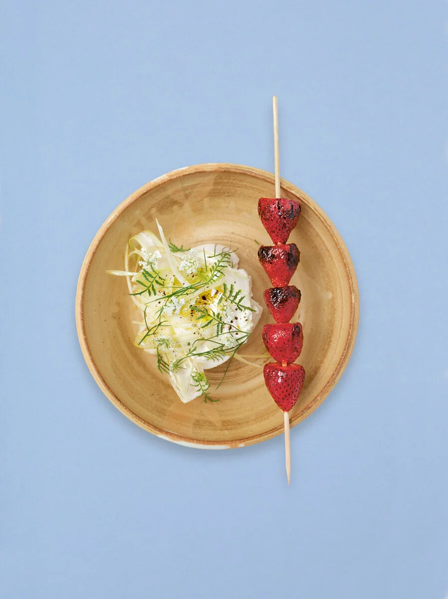Grilled Strawberries with Fennel and Burrata. Photography: Carolina Rodriguez (page 101). 2023/07/101-grilled-strawberies.jpg 