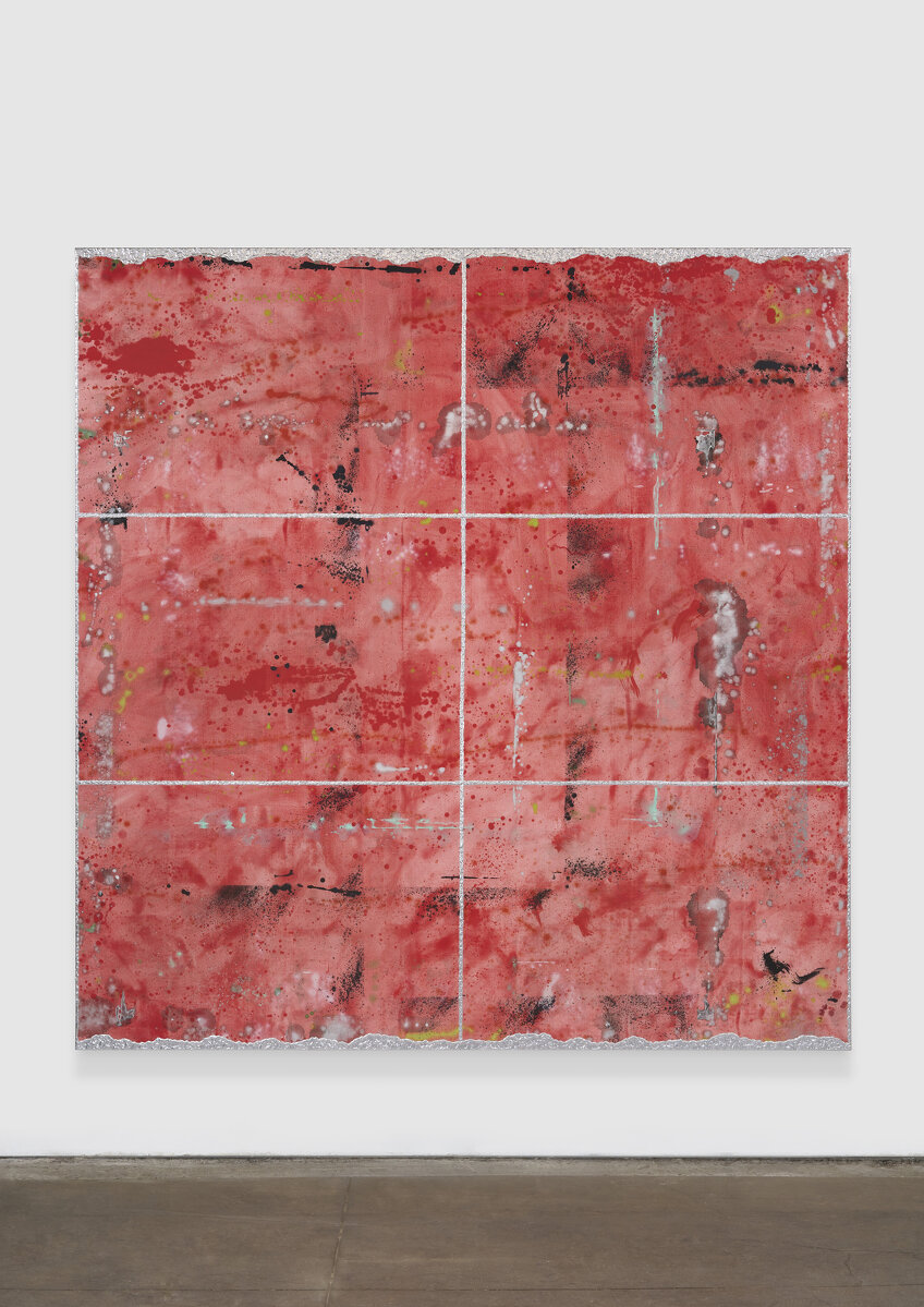 Rebecca Morris, <em>Untitled (#01-22)</em>, 2022. Oil and spray paint on canvas; 93 x 90 in. (236.2 x 229 cm). Collection of Andrea and James Gordon. 2023/07/29897_Morris_Untitled-01-22_With-Floor_LT_height.jpg 