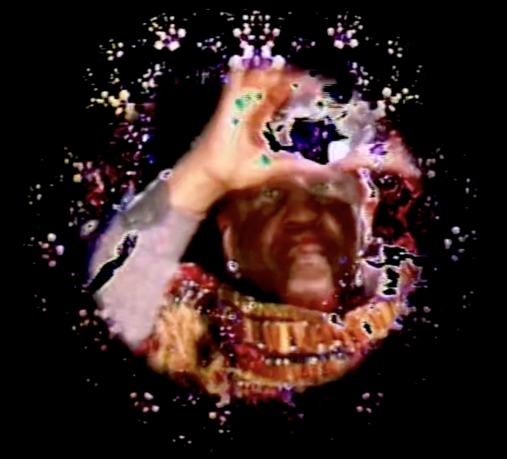 Kaleidoscopic image of a person in a circle surrounded by flowers that fade to black. Their hands are raised above their eyes, casting a shadow across their face.