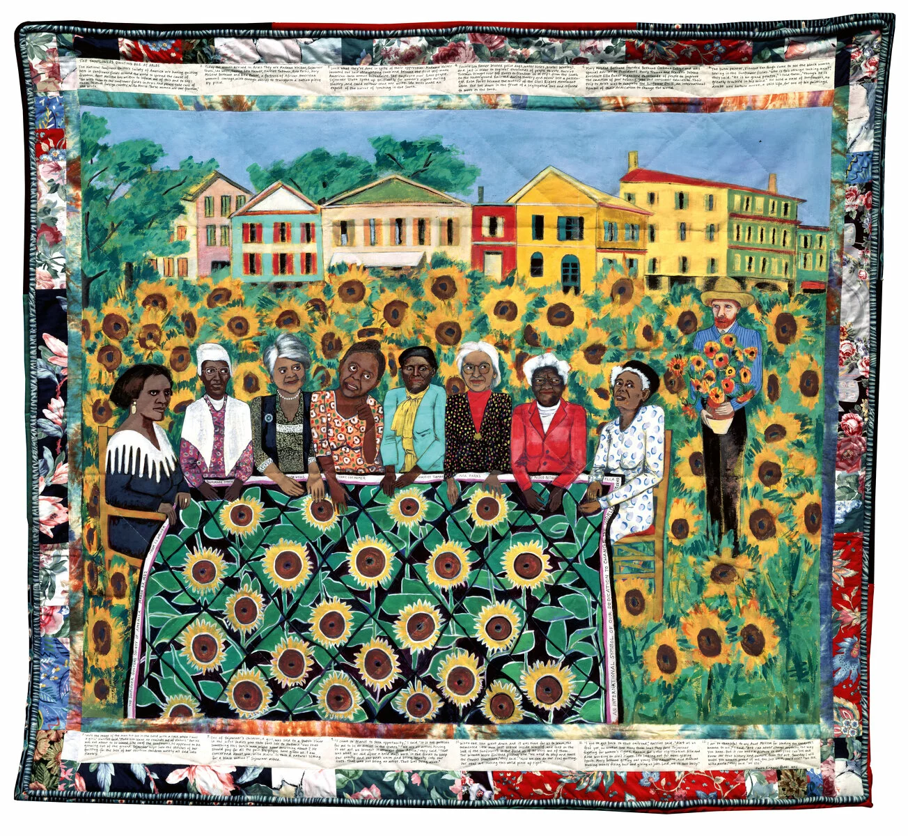Faith Ringgold (b. 1930, New York, NY), <em>The French Collection Part I, #4: The Sunflowers Quilting Bee at Arles</em>, 1991. Acrylic on canvas with pieced fabric border; 74 × 80 in. (188 × 203.2 cm). Private collection. © 2023 Faith Ringgold / Artists Rights Society (ARS), New York. 2023/08/P6422-0185-1.jpg 