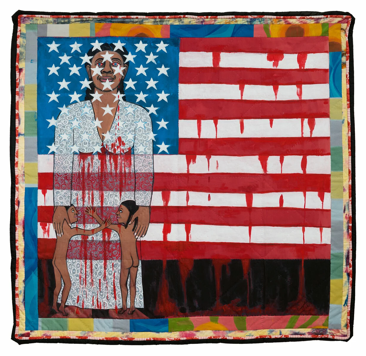 A quilt-like object with the American flag in the middle, slightly transposed over a woman being hugged by two naked children.
