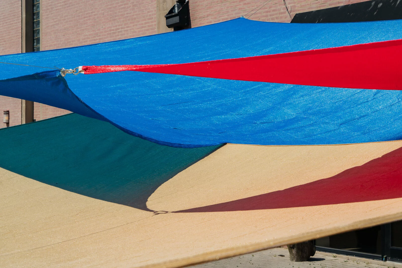 Red, yellow, and blue tarp.