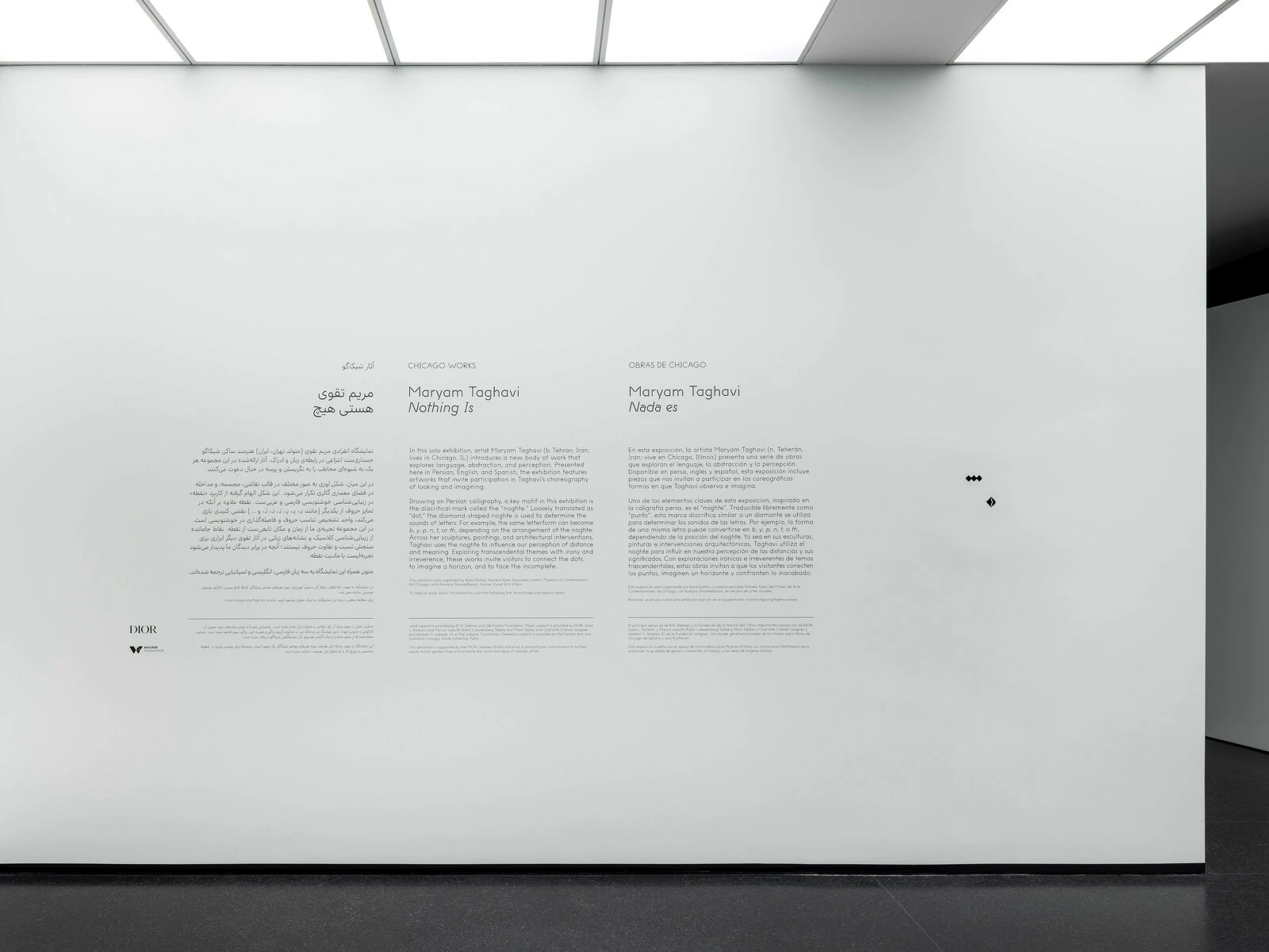 Title and introductory didactic text on white gallery wall.