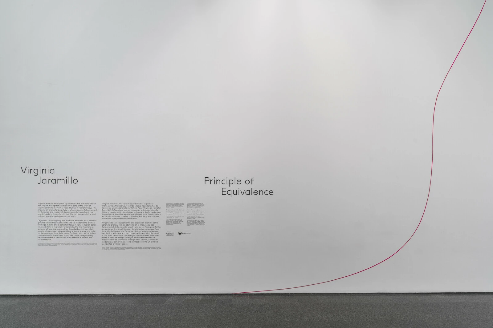 Title wall text for exhibition with red line on white wall spanning from floor up in slight curves