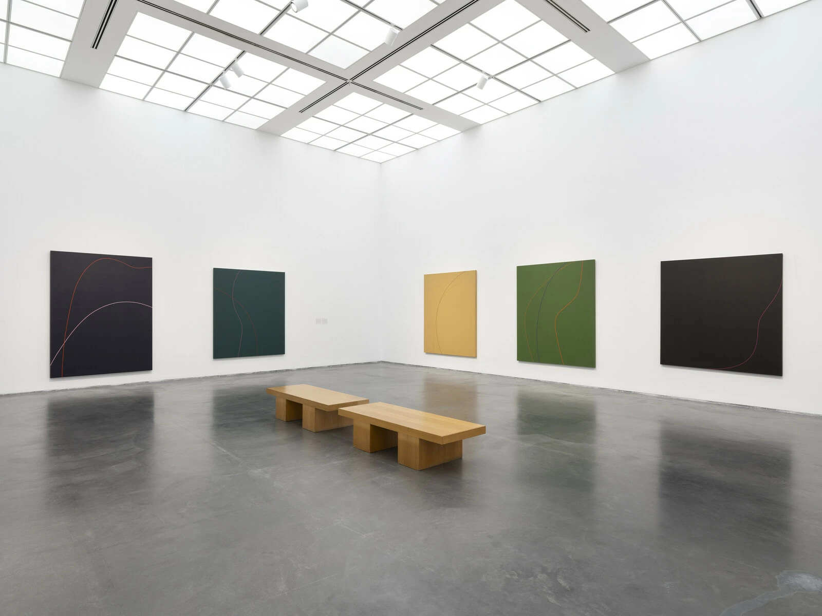 Gallery with five large abstract paintings hung on the walls and a wooden bench in the middle of the room