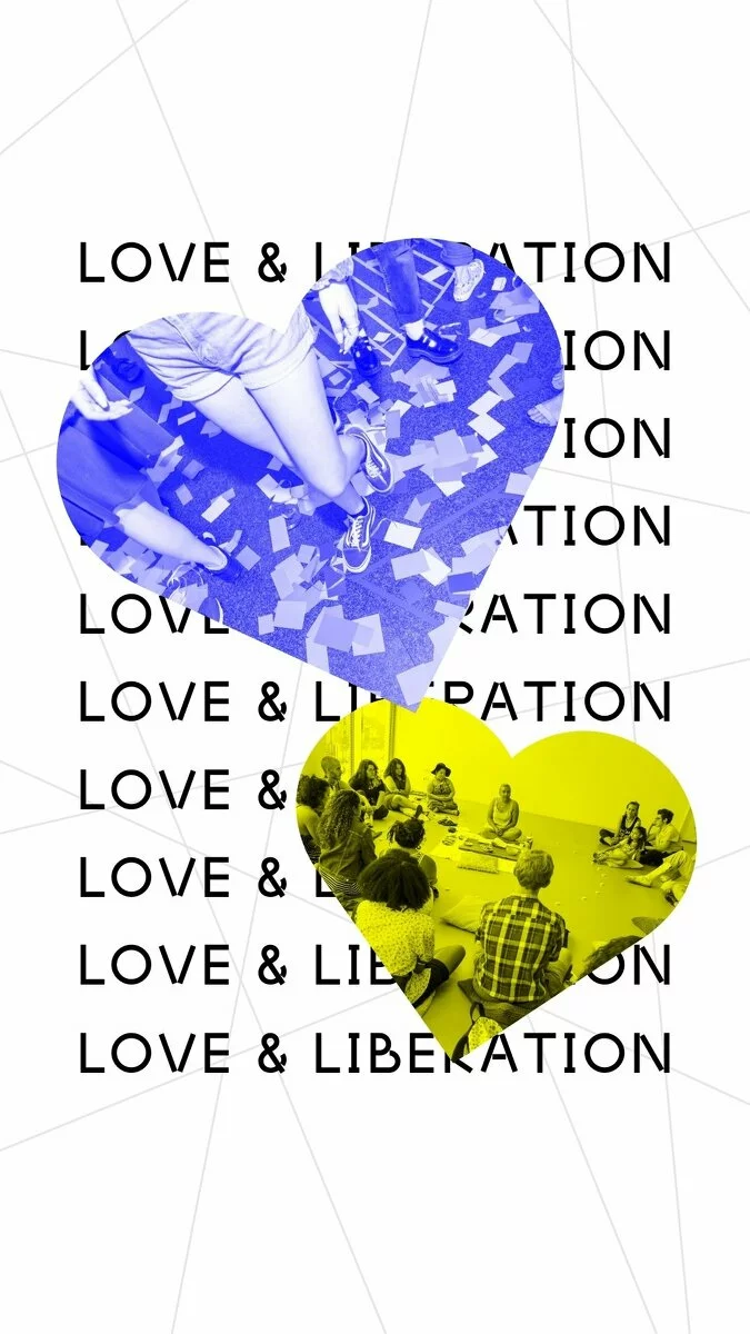 Two heart shaped images, one purple and one yellow hued, cover repeating text reading Love and Liberation.