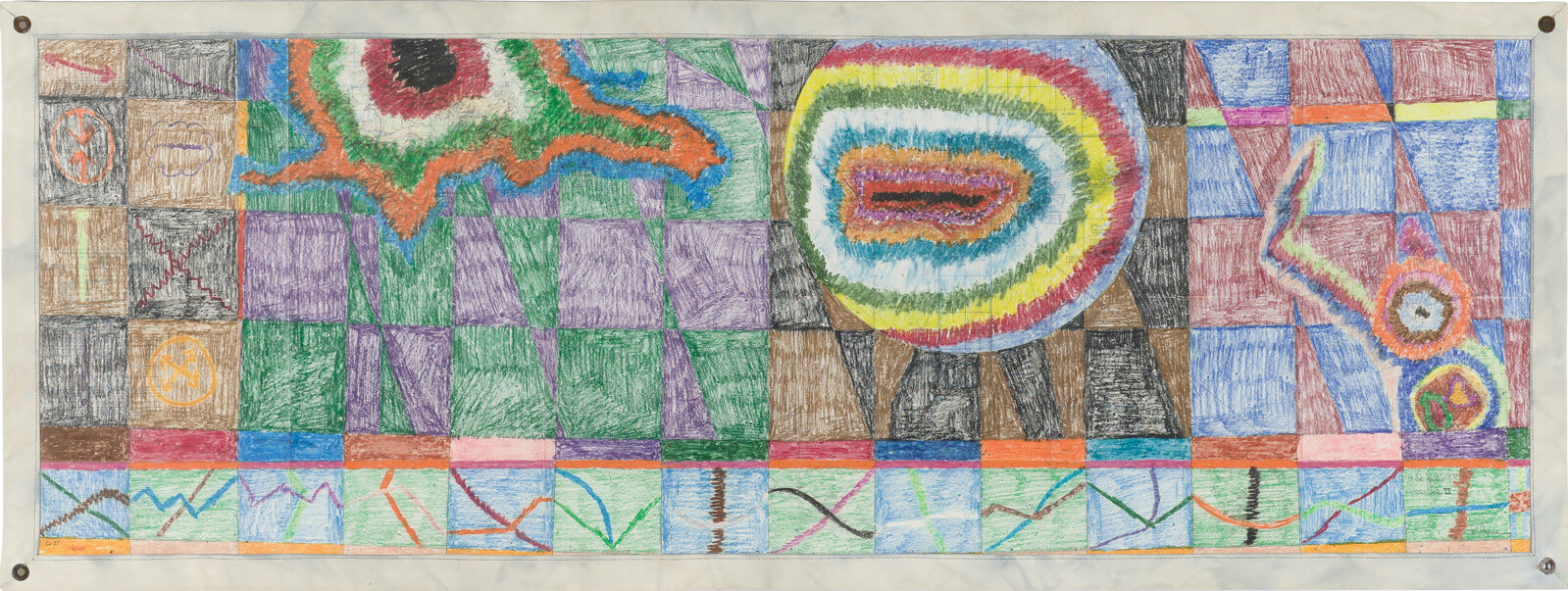 Rafael Ferrer, <em>El Caribe II, 4 de julio</em>, 1977. Crayon on nautical chart, framed in plastic and fabric
with metal rings; 23 5/16 × 62 3/8 × 1/4 in. (59.2 × 158.4. × 0.6 cm). Collection Museum of Contemporary Art Chicago, Gift of Earl and Betsy Millard, 1991.36. © 2023 Artists Rights Society
(ARS), New York. Photo: Nathan Keay, © MCA Chicago. 2024/03/1991_36.jpg 