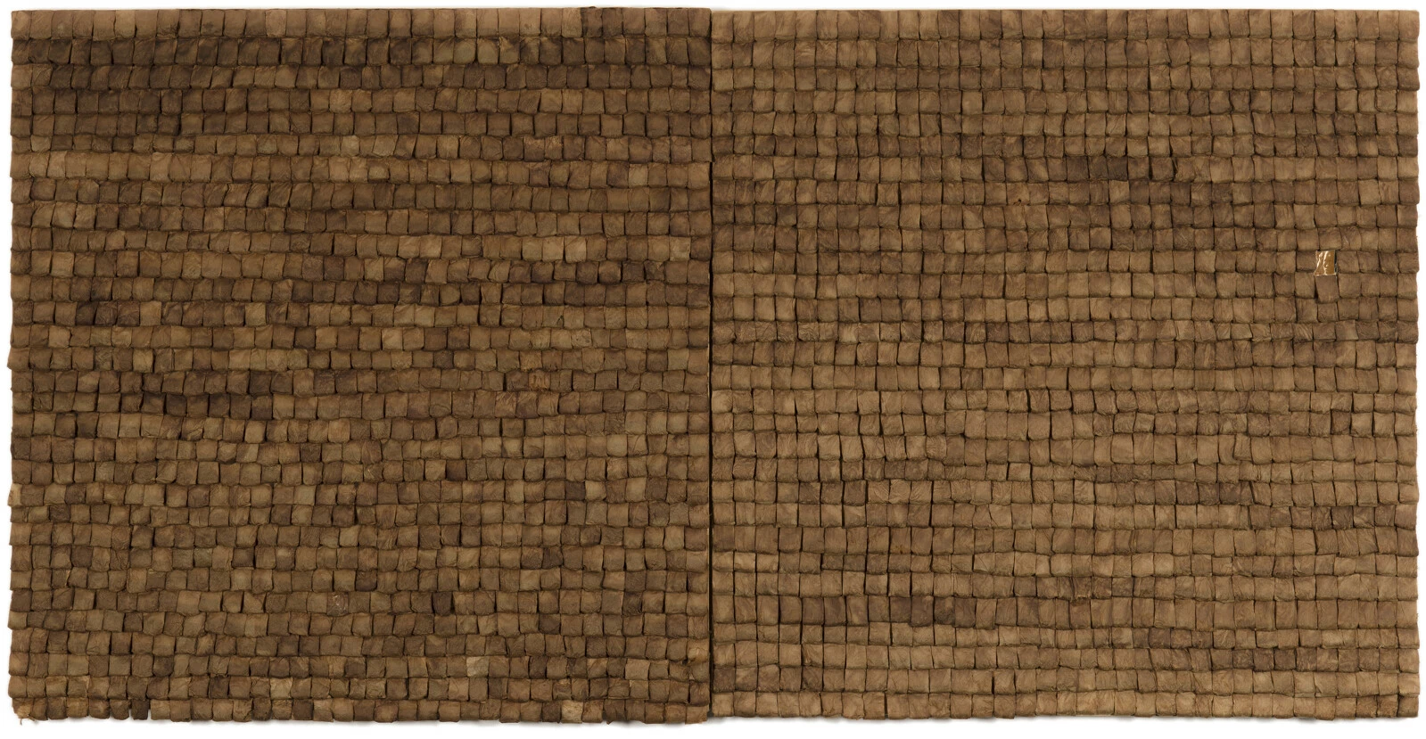 Two panels with rows and rows of used, brown teabags.