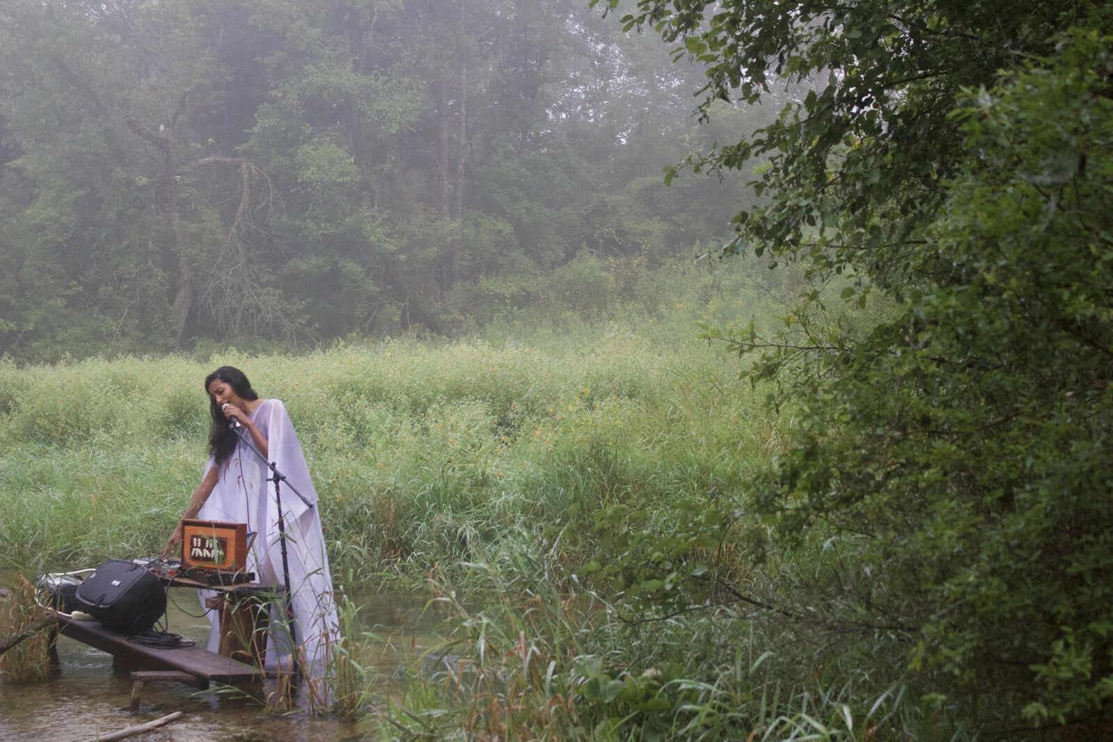 A woman performs into a microphone amid wetlands.