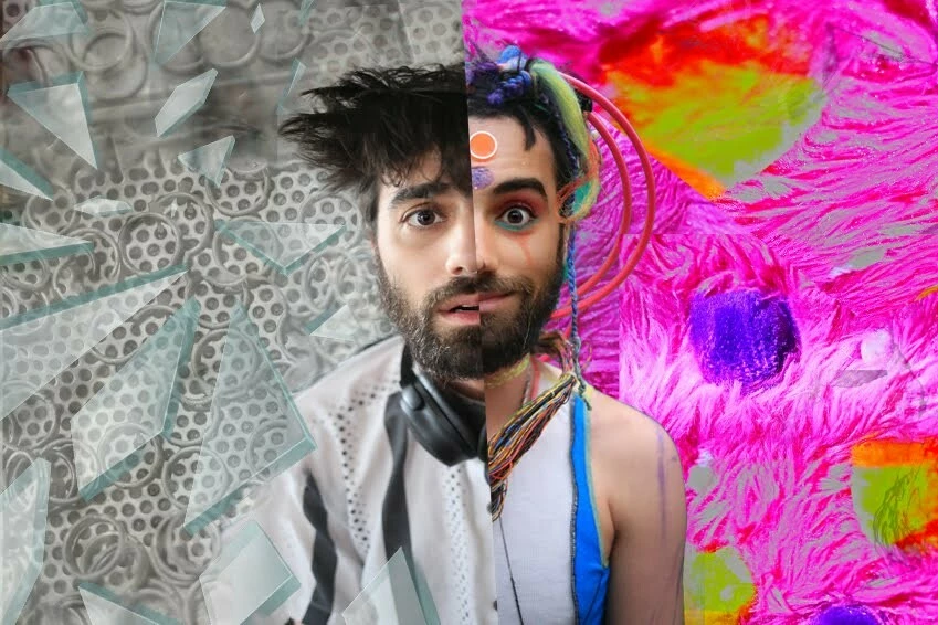 Spliced image of two halves of a person to make a whole. The right side is colorful, the left side is minimally colored.