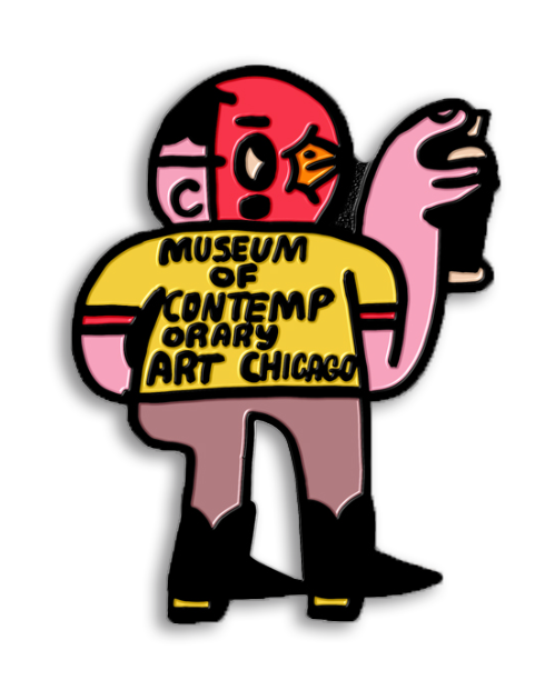 Illustration of a person with a bird mask holding spray paint in their right hand. Their shirt says Museum of Contemporary Art Chicago.