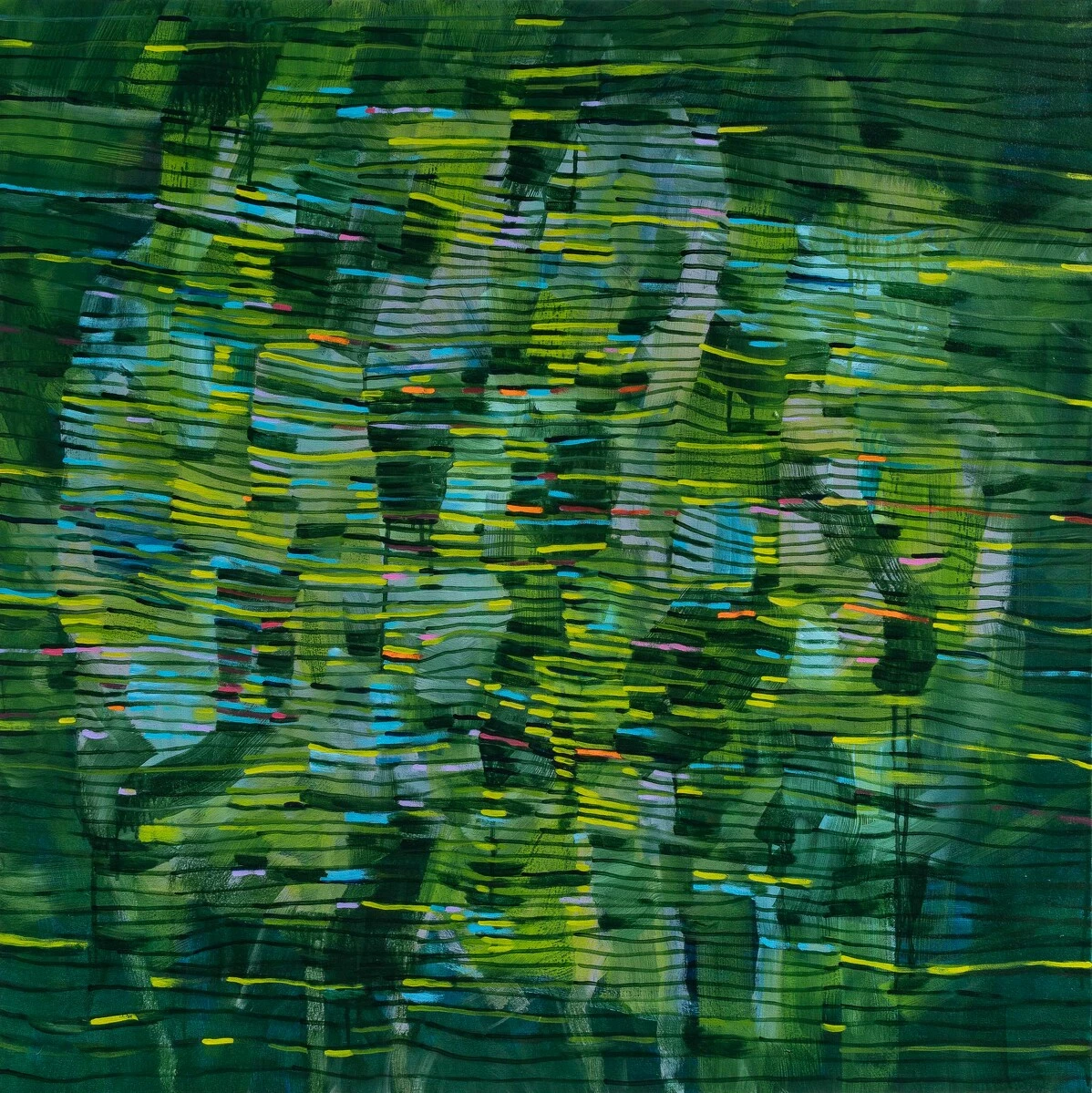 Una pintura abstracta que presenta principalmente tonos verdes con toques de rosa, azul y amarillo aplicados en pinceladas horizontales.