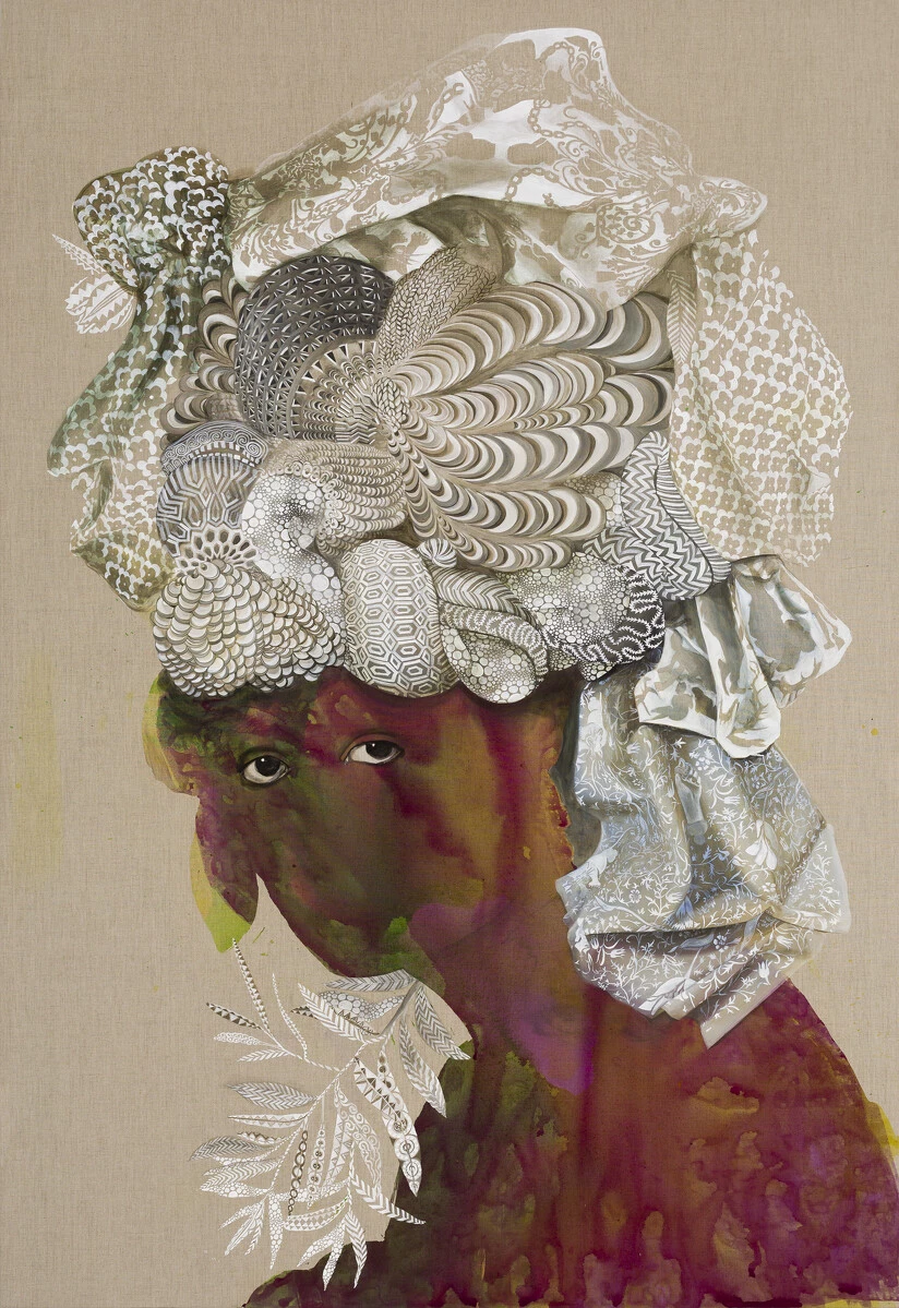 Firelei Báez, <em>Sans-Souci (This threshold between a dematerialized and a historicized body)</em>, 2015. Acrylic and ink on linen; 108 × 74 in. (274.3 × 188 cm). Pérez Art Museum Miami, museum purchase with funds provided by Lesie and Greg Ferrero and Rose Ellen Meyerhoff Greene. © Firelei Báez. Photo: Oriol Tarridas. 2025/10/20_FB_Sans-Souci.jpg