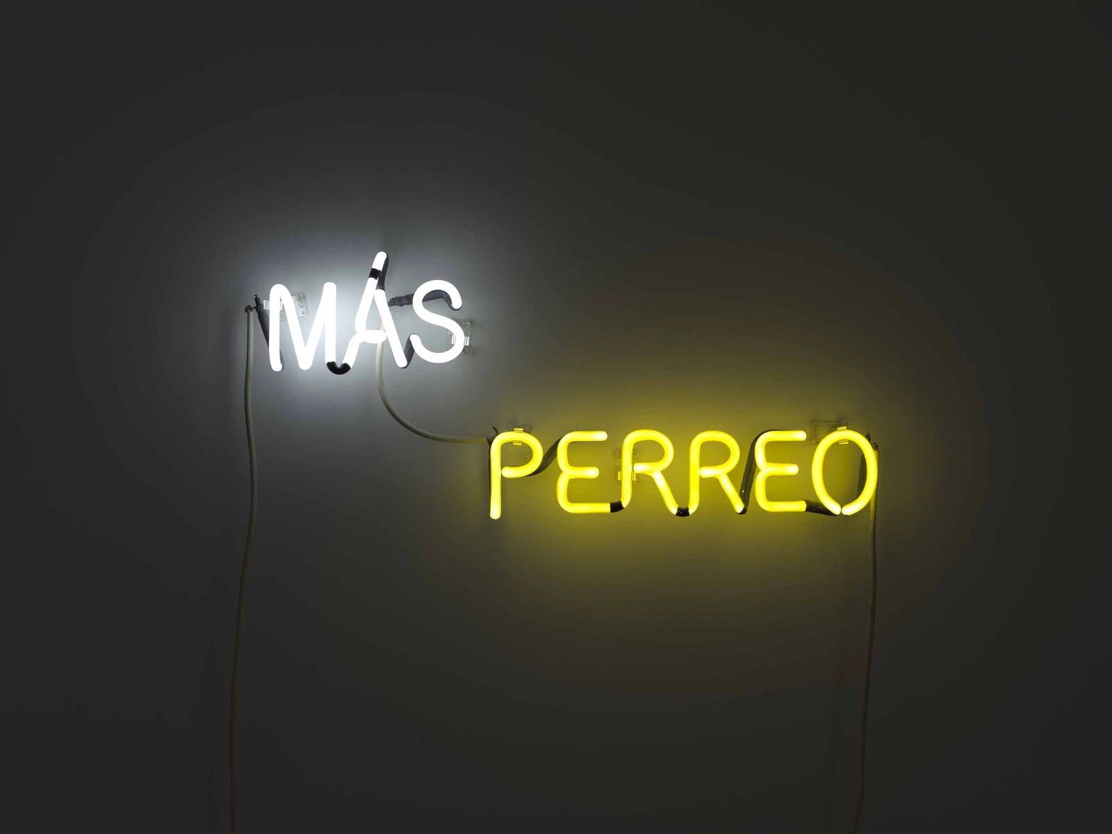 Two neon lights in a dark room that are twisted into text reading Mas (in white) and Perreo (in yellow)
