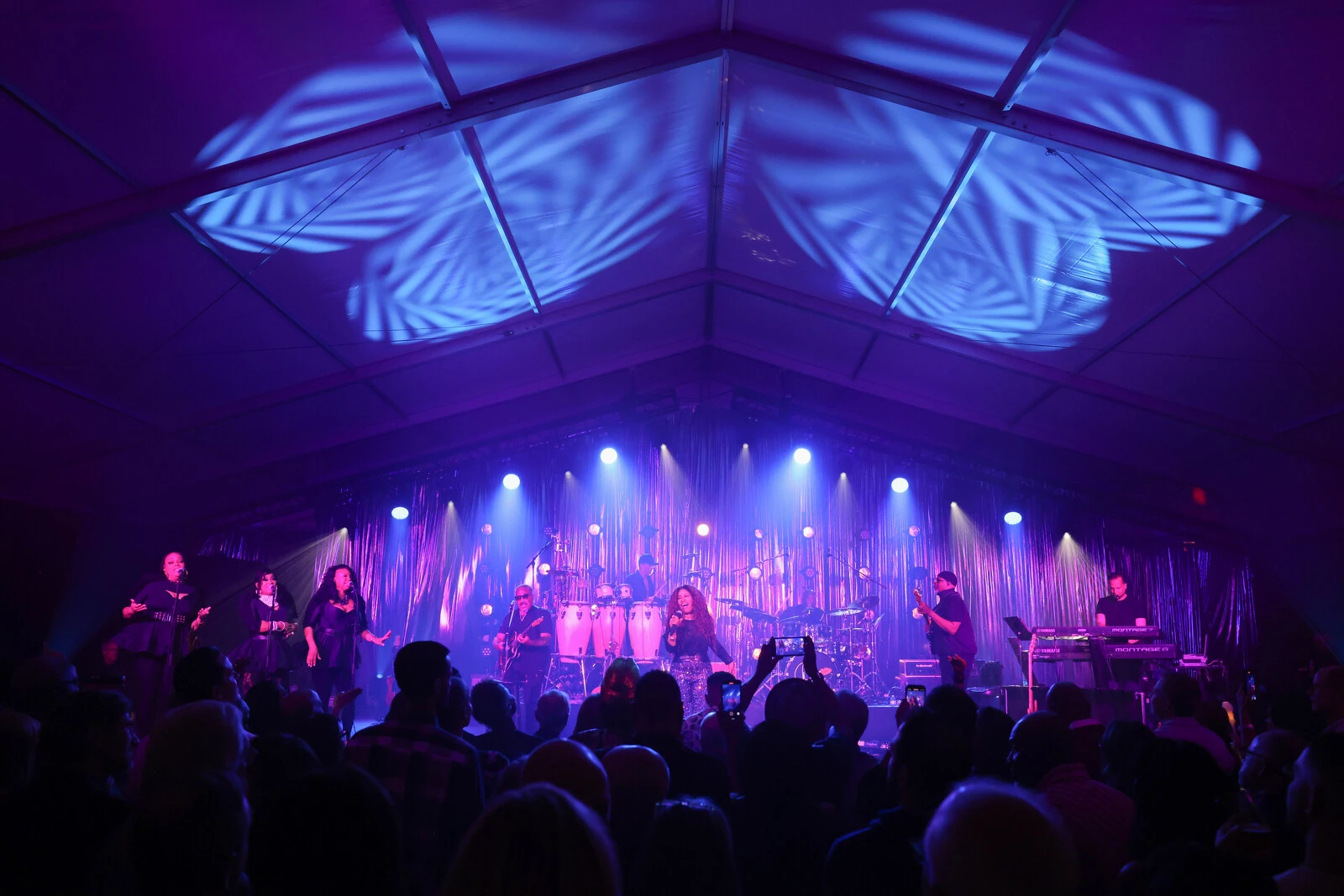 A large group of musicians on a stage in front of a crowd lit by blue and purple lights