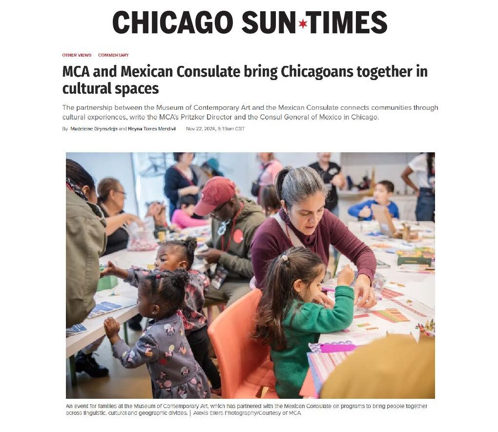 Screenshot of a Chicago Sun-Times article titled MCA and Mexican Consulate bring Chicagoans together in cultural spaces, featuring an image of adults and children working on art projects at several tables