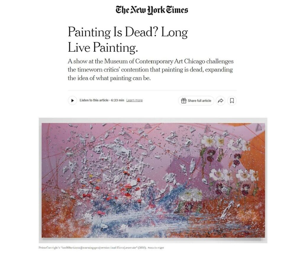Screenshot of The New York Times's article titled Painting Is Dead? Long Live Painting. featuring an abstract artwork of white pixelated flurries against a pink and orange background