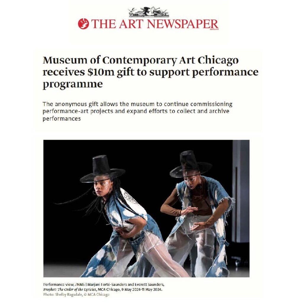 Screenshot of The Art Newspaper's article titled Museum of Contemporary Art Chicago receives $10m gift to support performance programme
