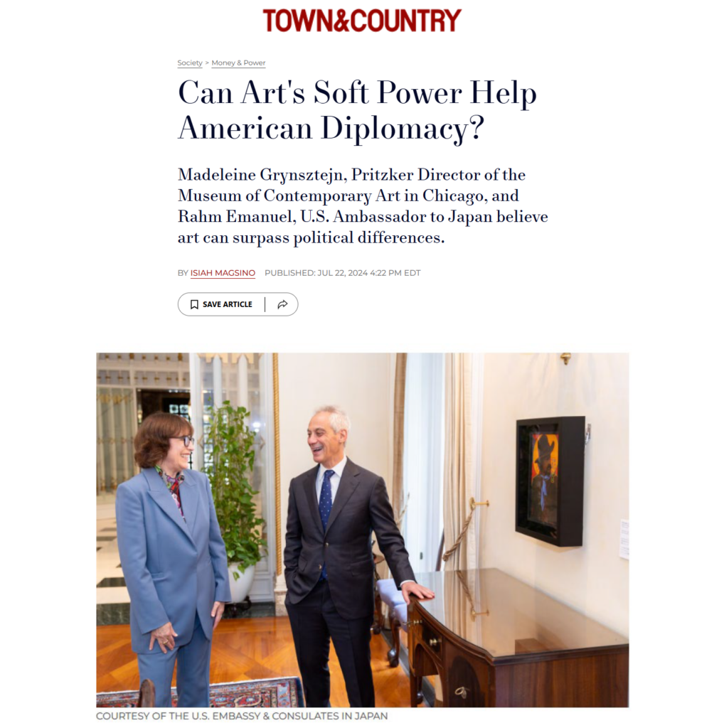 Screenshot of a Town and Country article titled Can Art's Soft Power Help American Diplomacy featuring an image of two people laughing in an office near a work of art