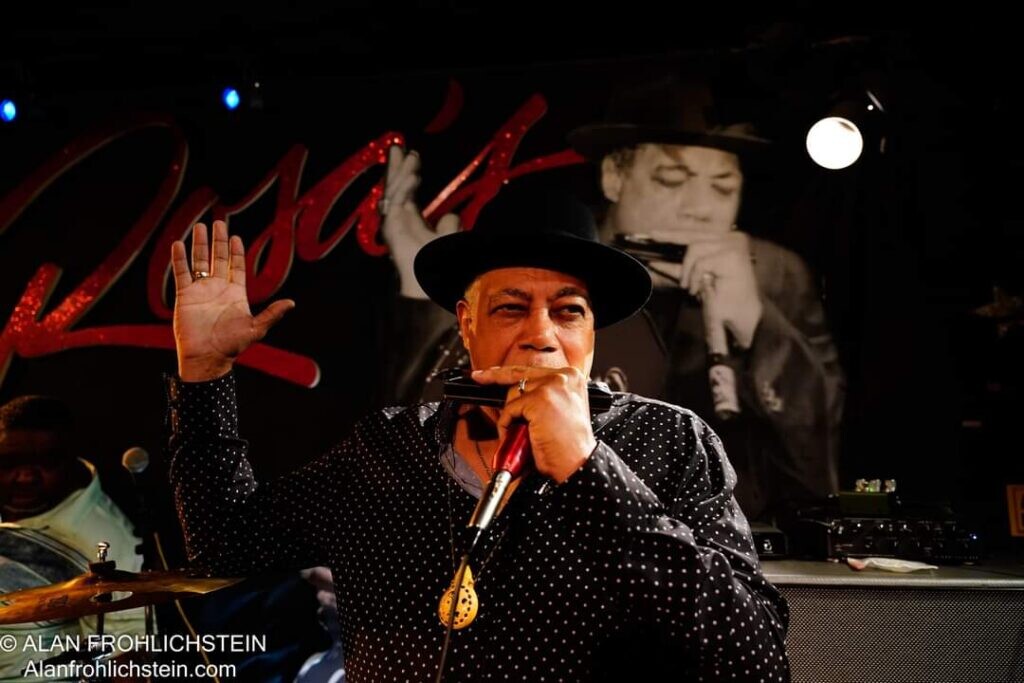 A male dressed in a black fedora and leather jacket holds a harmonica to their mouth in front of a mural of a musician holding the same pose
