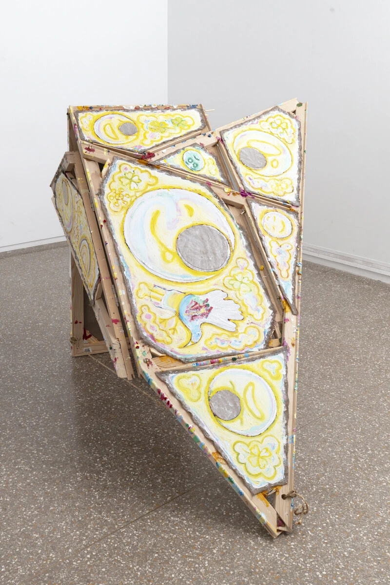 Mike Cloud (b. 1974, Chicago, IL; lives in Chicago), <em>Poison Arrows South Africa</em>, 2026. Acrylic on canvas, hinges, pegs, rope, and watercolor tape; 48 × 47 × 75 in. (121.9 × 119.4 × 190.5 cm). Courtesy of the artist and Thomas Erben Gallery, New York. Photo: Colleen Keihm. 2026/03/MCloud_Jan26_-06_R-1.jpg