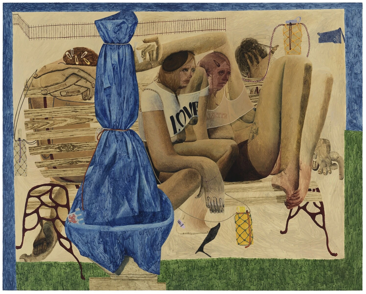 Painting depicting two people on a park bench captured in muted tones with a bright blue covered object, like a covered umbrella, to their right