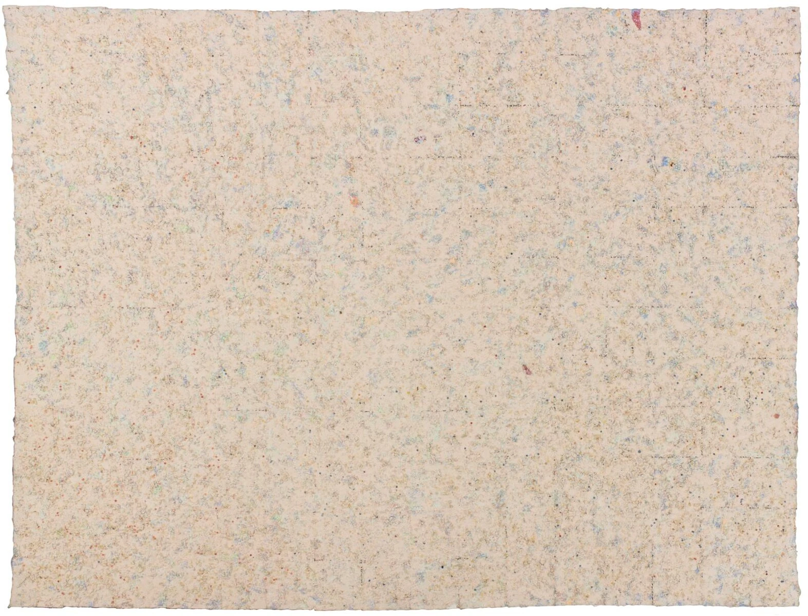 A primarily beige-looking canvas is actually composed of many small dots of light blues, pinks, oranges, and purples.